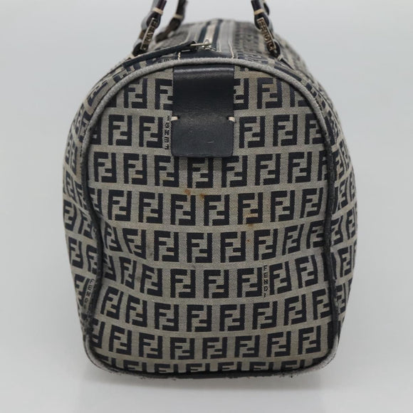 FENDI Zucchino Canvas Boston Bag Navy Silver Auth 120038