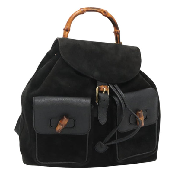 GUCCI Bamboo Backpack Suede Black Gold Auth 120117