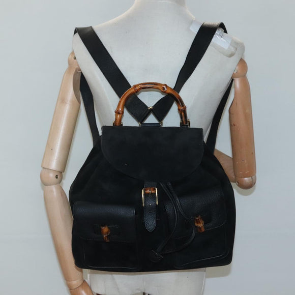 GUCCI Bamboo Backpack Suede Black Gold Auth 120117