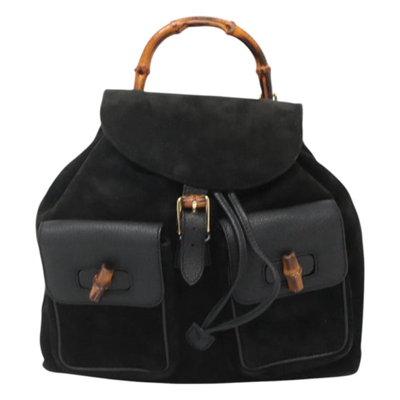 GUCCI Bamboo Backpack Suede Black Gold Auth 120117