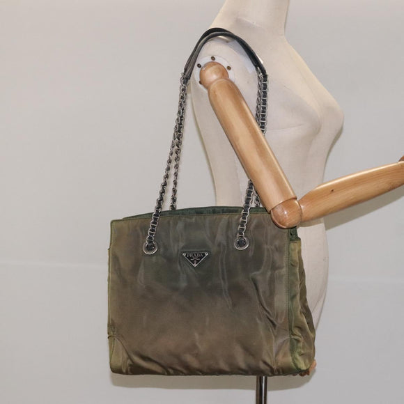 PRADA Chain Shoulder Bag Nylon Khaki Silver Auth 120140