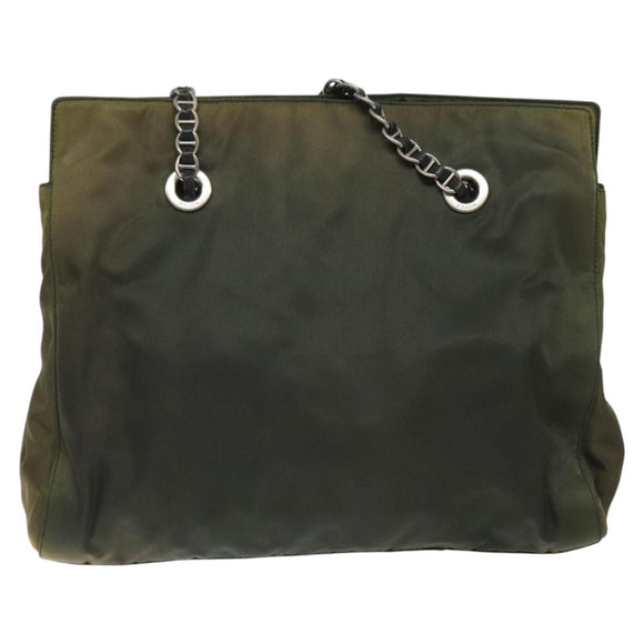 PRADA Chain Shoulder Bag Nylon Khaki Silver Auth 120140