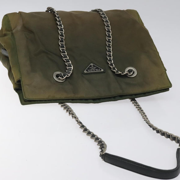 PRADA Chain Shoulder Bag Nylon Khaki Silver Auth 120140