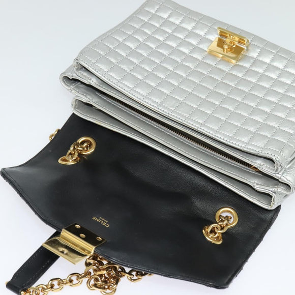 CELINE Chain Shoulder Bag Leather Silver Black gold Auth 120162