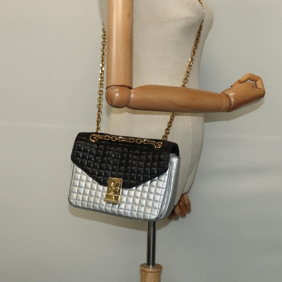 CELINE Chain Shoulder Bag Leather Silver Black gold Auth 120162