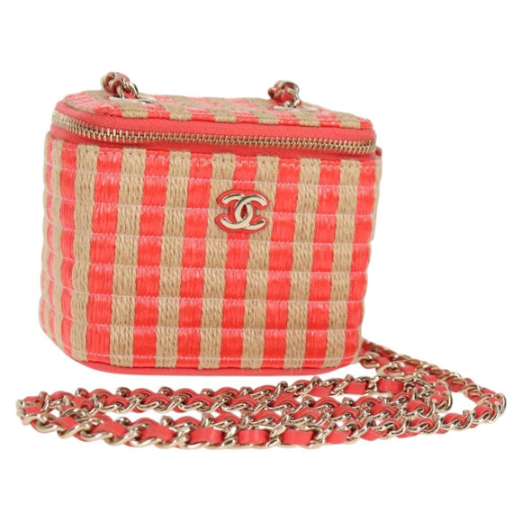 CHANEL Chain Shoulder Bag Straw Beige Gold CC Auth 120168AM