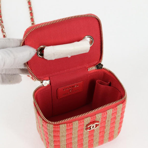 CHANEL Chain Shoulder Bag Straw Beige Gold CC Auth 120168AM