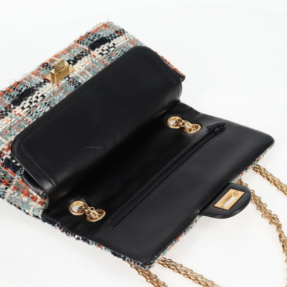 CHANEL Matelasse Chain Shoulder Bag Tweed Light Blue Gold CC Auth 120174M