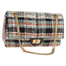 CHANEL Matelasse Chain Shoulder Bag Tweed Light Blue Gold CC Auth 120174M-1