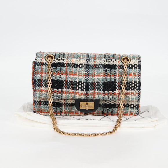 CHANEL Matelasse Chain Shoulder Bag Tweed Light Blue Gold CC Auth 120174M