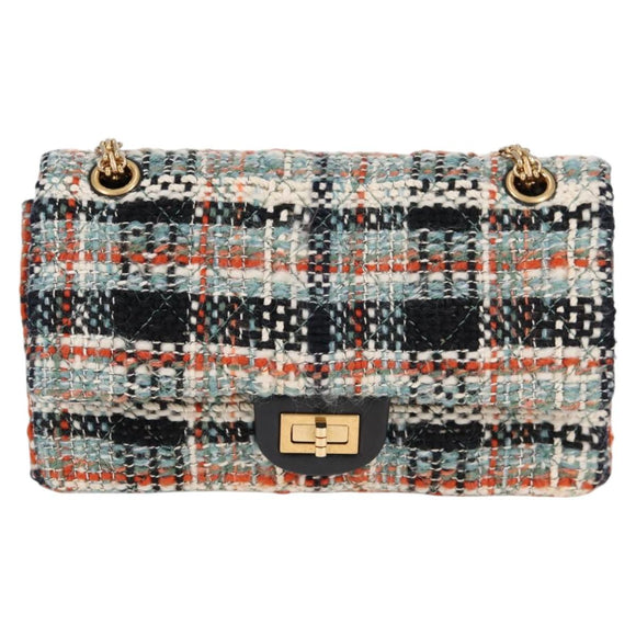 CHANEL Matelasse Chain Shoulder Bag Tweed Light Blue Gold CC Auth 120174M