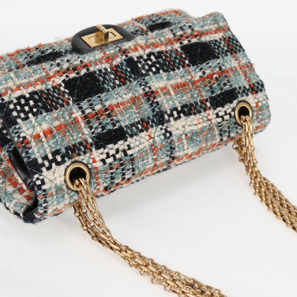 CHANEL Matelasse Chain Shoulder Bag Tweed Light Blue Gold CC Auth 120174M