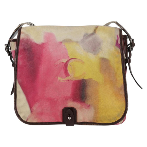 CHANEL Embroidery Shoulder Bag Suede Pink CC Auth 120175AM