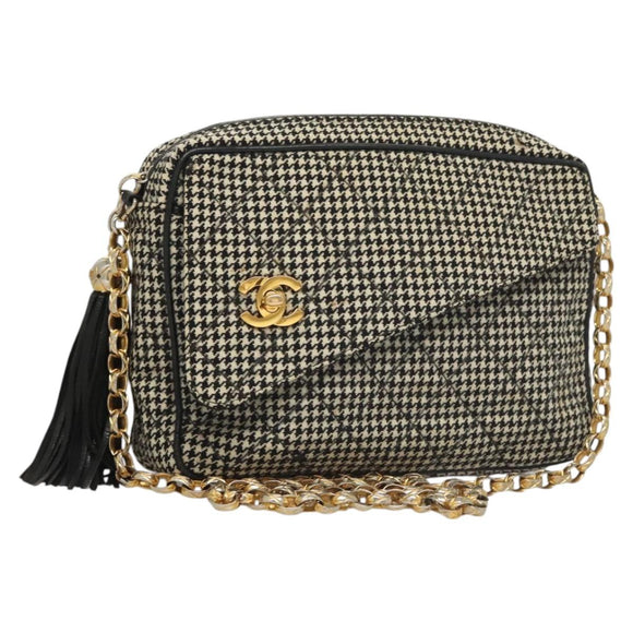 CHANEL Matelasse Ketting Schoudertas Canvas Wit Zwart CC Auth 120186V