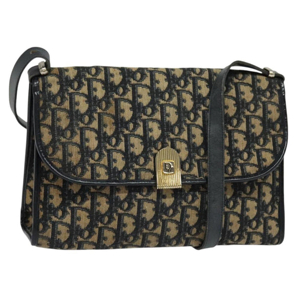 Christian Dior Trotter Canvas Shoulder Bag Navy Gold Auth 120192