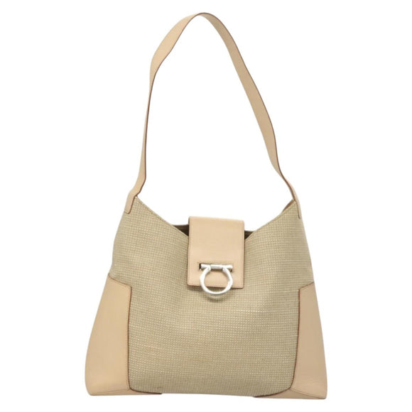 Salvatore Ferragamo Gancini Shoulder Bag Canvas Leather Beige Auth 120194