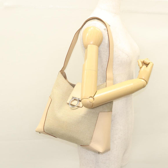 Salvatore Ferragamo Gancini Shoulder Bag Canvas Leather Beige Auth 120194