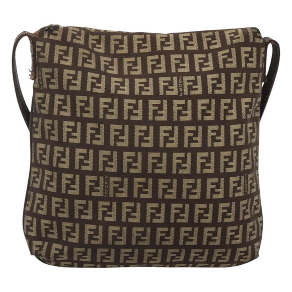 FENDI Zucchino Canvas Shoulder Bag Black Brown Silver Auth 120201