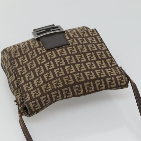 FENDI Zucchino Canvas Shoulder Bag Black Brown Silver Auth 120201