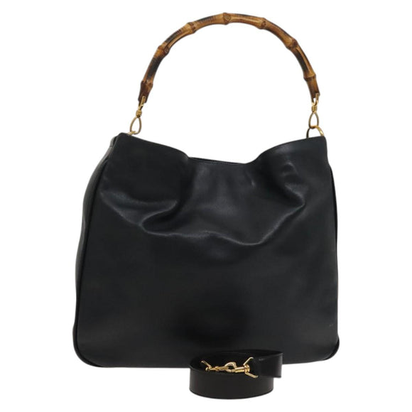 GUCCI Bamboo Shoulder Bag Leather 2way Black Gold 001 1577 2615 Auth 120362