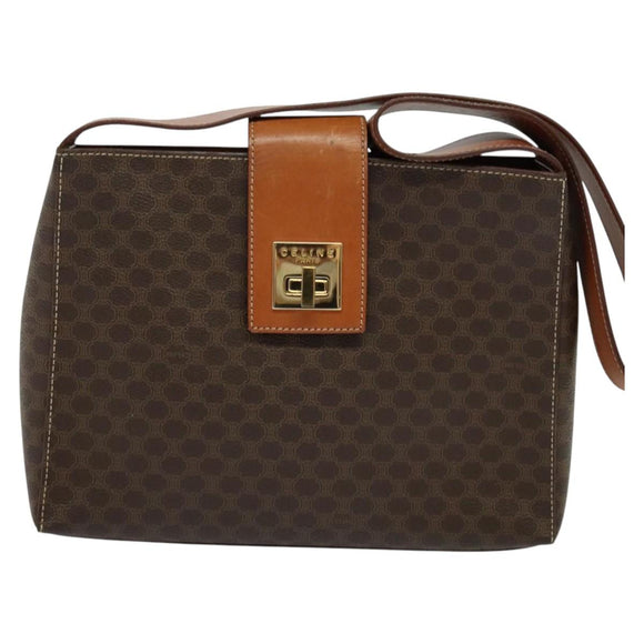 CELINE Macadam Canvas Shoulder Bag PVC Leather Brown Gold Auth 120373