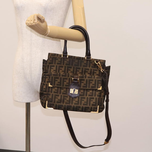 FENDI Zucca Canvas Hand Bag 2way Black Brown Auth 120380