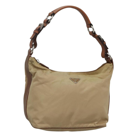 PRADA Shoulder Bag Nylon Beige Silver Auth 120393