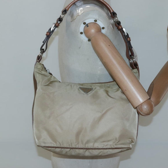 PRADA Shoulder Bag Nylon Beige Silver Auth 120393