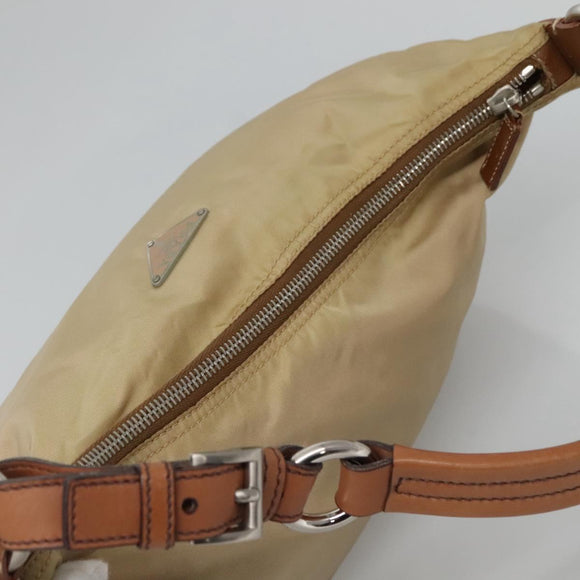 PRADA Shoulder Bag Nylon Beige Silver Auth 120393