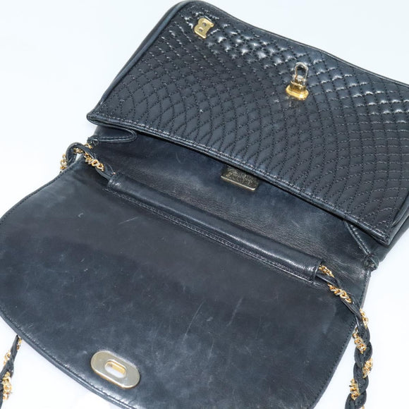 BALLY Quilted Chain Shoulder Bag Leather Navy Gold Auth 120451