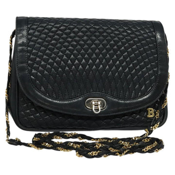 BALLY Quilted Chain Shoulder Bag Leather Navy Gold Auth 120451