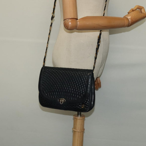 BALLY Quilted Chain Shoulder Bag Leather Navy Gold Auth 120451