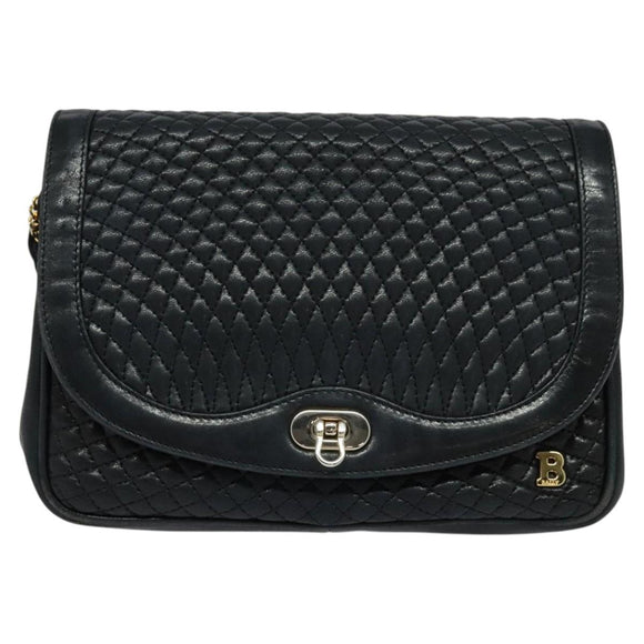 BALLY Quilted Chain Shoulder Bag Leather Navy Gold Auth 120451