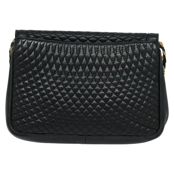 BALLY Quilted Chain Shoulder Bag Leather Navy Gold Auth 120451