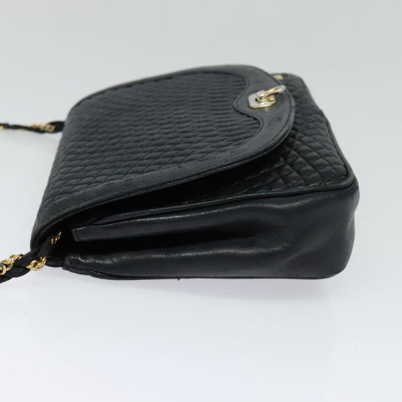 BALLY Quilted Chain Shoulder Bag Leather Navy Gold Auth 120451