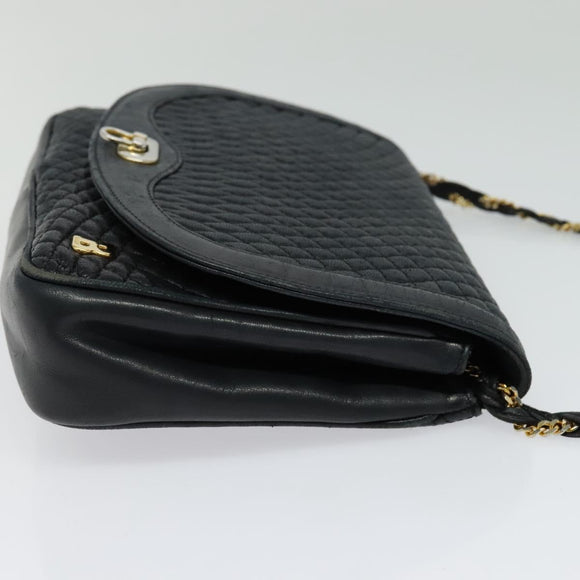 BALLY Quilted Chain Shoulder Bag Leather Navy Gold Auth 120451