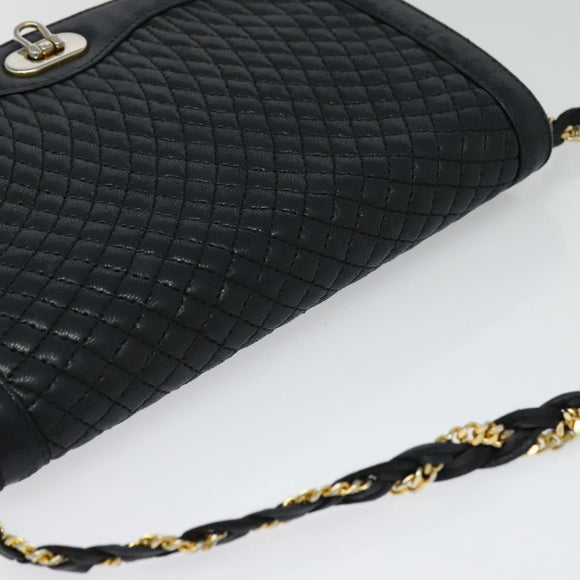 BALLY Quilted Chain Shoulder Bag Leather Navy Gold Auth 120451