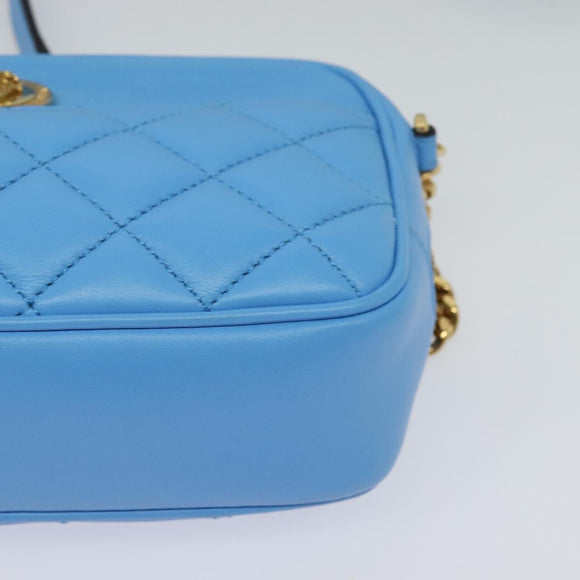 VERSACE Quilted Chain Shoulder Bag Leather Blue Gold Auth 120479