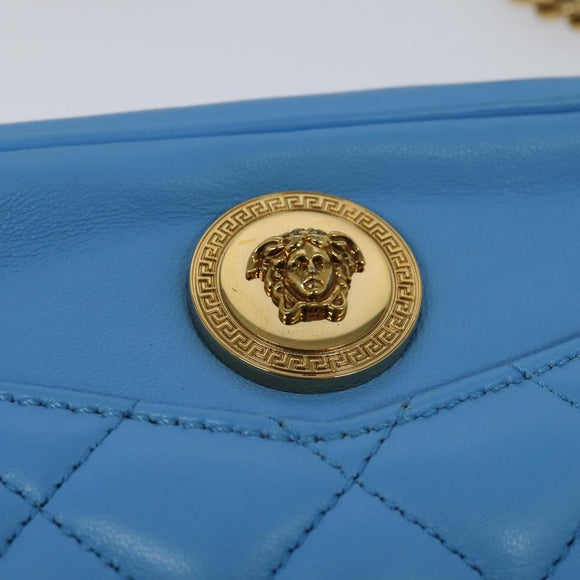 VERSACE Quilted Chain Shoulder Bag Leather Blue Gold Auth 120479A