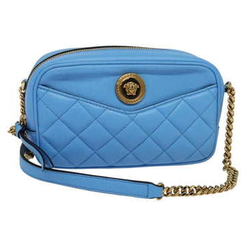 VERSACE Quilted Chain Shoulder Bag Leather Blue Gold Auth 120479A