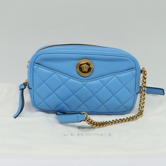 VERSACE Quilted Chain Shoulder Bag Leather Blue Gold Auth 120479A