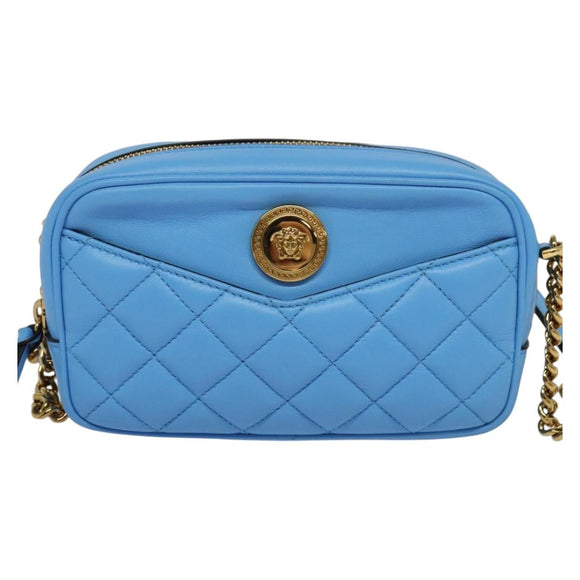 VERSACE Quilted Chain Shoulder Bag Leather Blue Gold Auth 120479A