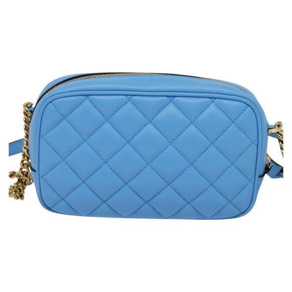VERSACE Quilted Chain Shoulder Bag Leather Blue Gold Auth 120479