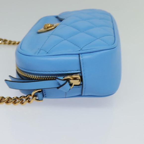 VERSACE Quilted Chain Shoulder Bag Leather Blue Gold Auth 120479A