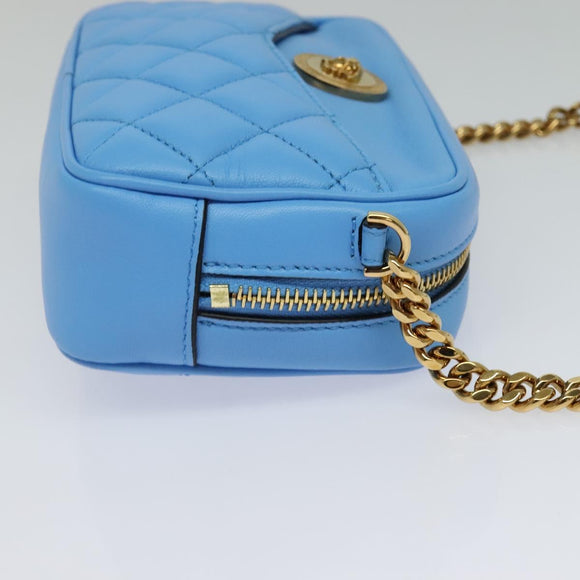 VERSACE Quilted Chain Shoulder Bag Leather Blue Gold Auth 120479