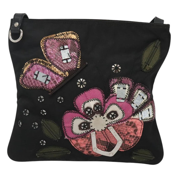 PRADA Butterfly Shoulder Bag Nylon Black Silver Auth 120559