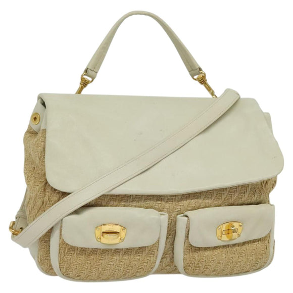 Miu Miu Hand Bag Leather Straw 2way Beige Gold Auth 120561