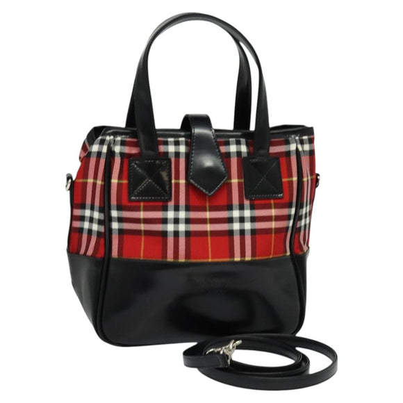 Burberrys Nova Check Blue Label Hand Bag Nylon Red Silver Auth 120591