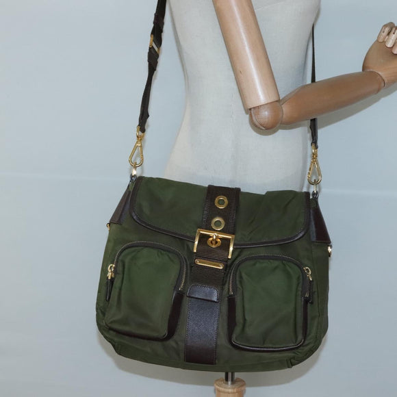 PRADA Shoulder Bag Nylon Khaki Gold Auth 120599