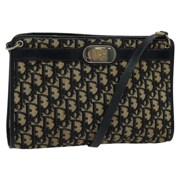 Christian Dior Trotter Canvas Shoulder Bag Navy Gold Auth 120603